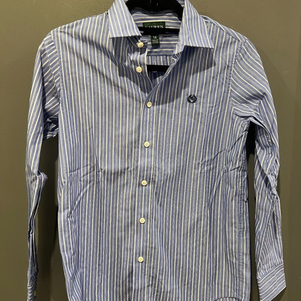 Lauren by Ralph Lauren Boys Button-Up Shirt Size Large | Blue & White Stripe